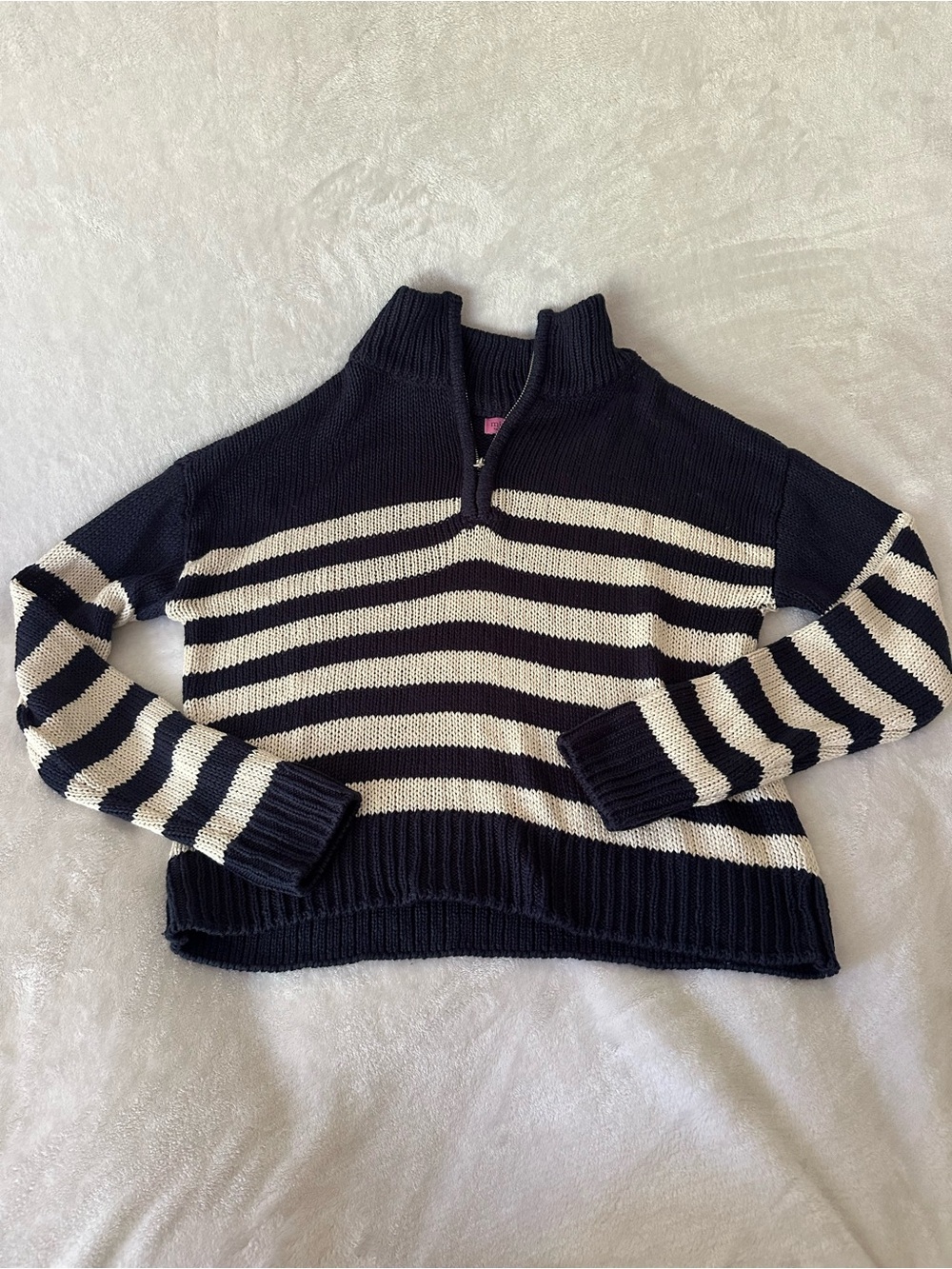 Striped Half-Zip Knit Sweater - Navy and Cream